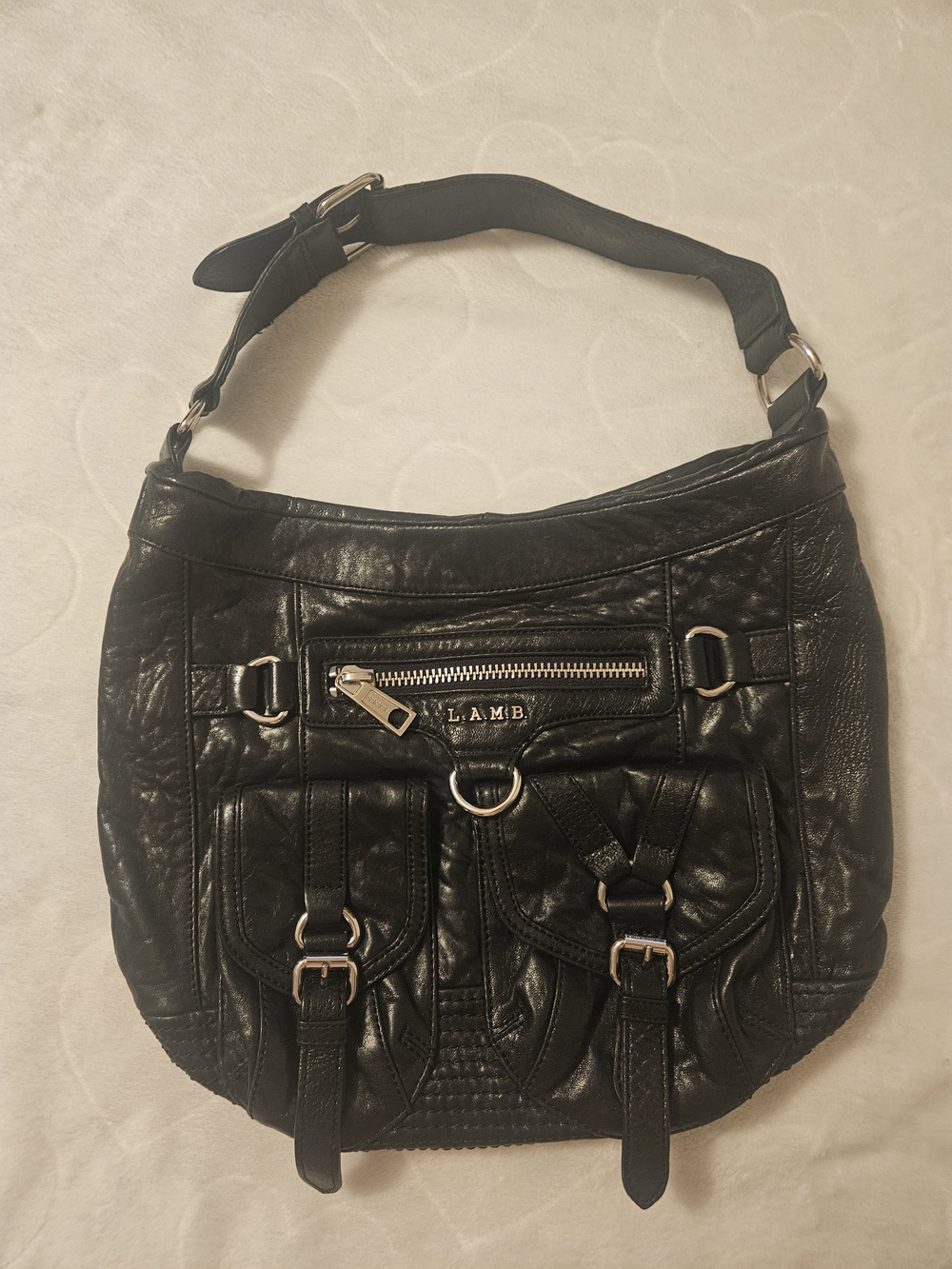 Vintage L.A.M.B. Gwen Stefani Black Leather Multi-Pocket Hobo Bag Y2K